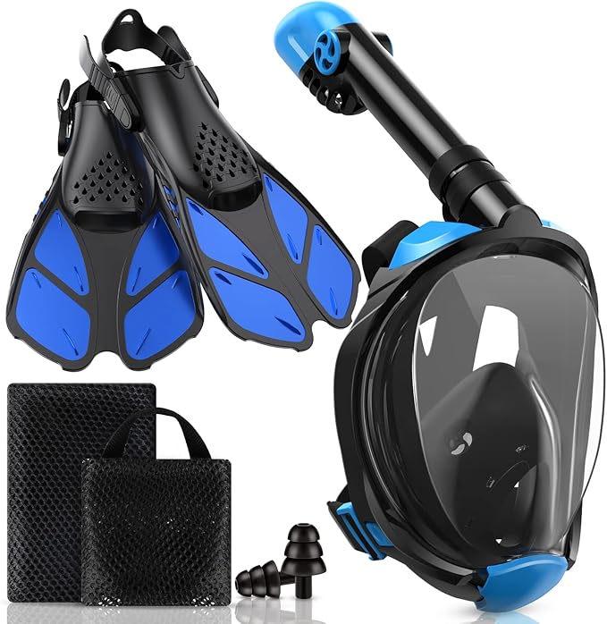 Mask Fins Snorkeling Gear for Adults, Full Face Snorkel Mask & Adjustable Swim Fins Snorkel Set, Panoramic View Snorkel Mask Dry Top Anti-Fog Anti-Leak