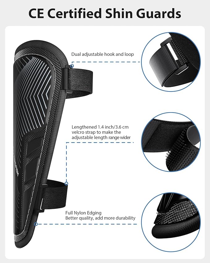 Shin Guards Soccer Kids Youth, CE Certified Airsfish Shin Guard Protection Gear for 2-18 Years Old Boys Girls Teenagers High Impact Resistant Breathable Comfortable 1 Pair 4 Sizes