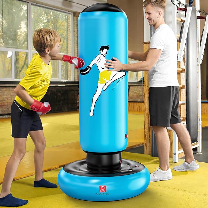 QPAU Kids Punching Bag Toy with Boxing Gloves, 66 Inch Larger Stable Kids Inflatable Boxing Bag Set, Gifts for Boys & Girls Age 6-12, for Practicing Karate, Taekwondo, MMA
