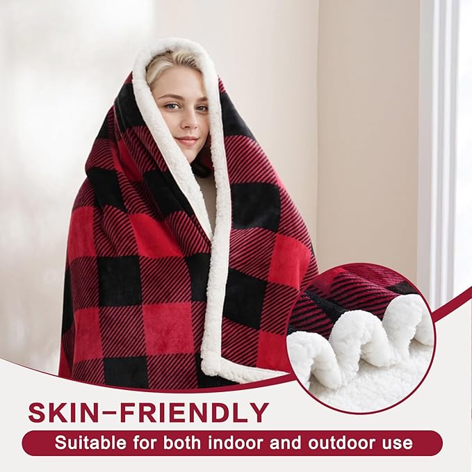 PU MEI Sherpa Fleece Throw Blanket 60" x 80" Reversible Plush Fluffy Large Big Blanket Lattice Flannel Blankets for All Season Use, Red and Black