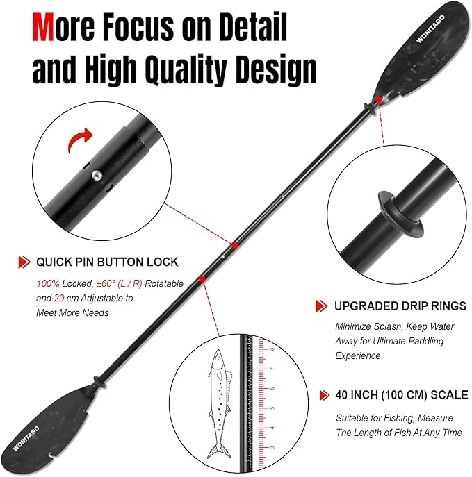 Angler Kayak Paddles Aluminum Paddle with Plastic Blades and Paddle Leash, Floating Adjustable Fishing Kayak Oars, 3 Piece, 230-250cm/90-98 inch