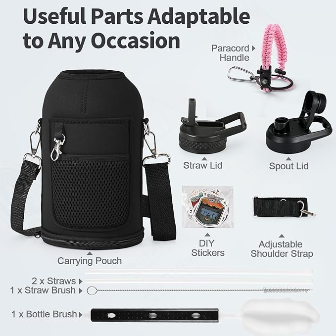 64 oz Insulated Water Bottle with Straw (Cold for 48 Hrs), Half Gallon Stainless Steel Triple Wall Vacuum Sports Water Jug, Leakproof Hydro Cup Flask with Straw Spout Lids & DIY Stickers