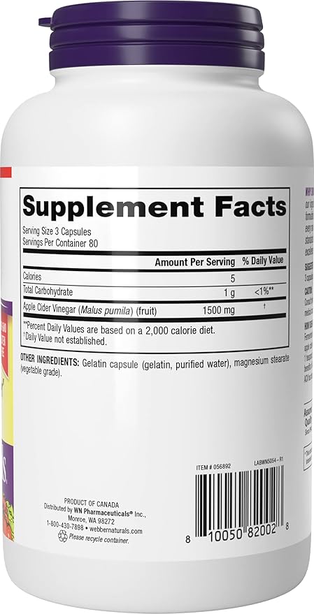 Webber Naturals Apple Cider Vinegar Capsules with The Mother, 1500 mg per Serving, High Potency, 240 Capsules, Natural Digestion Support, Sugar, Dairy & Gluten Free