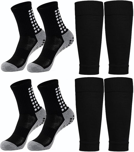 KMOLY 1 Set Soccer Grip Socks,Shin Guard Sleeves for Football Basketball for Men and Women Black/White One Size