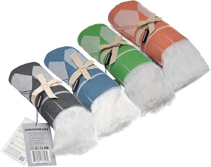 Mosobam 4pc Soft Fouta Peshtemal 35X70, Green-Navy-Charcoal-Coral, Fall Cacala Fleece Blankets, Luxury Sarong, Hamam Towel, Lightweight Outdoor Picnic Blanket Throw, Viscose Made from Bamboo