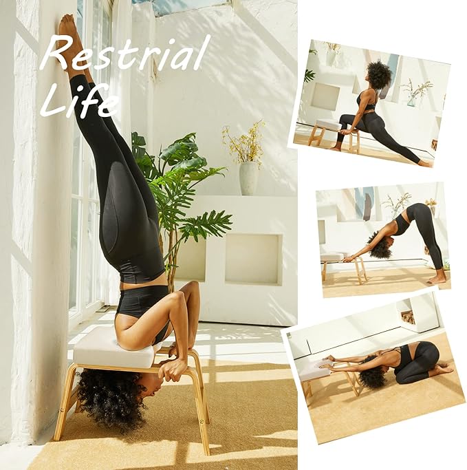 Yoga Headstand Bench- Stand Yoga Chair for Family, Gym - Wood and PU Pads - Relieve Fatigue and Build Up Body (Multi-Color)