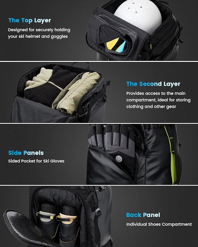 Gonex 50L Ski Boot Bag Backpack, Waterproof Snowboard Boot Backpack for Men Women, Ski Boots Bag for Travel, Ski, Snowboard, Helmet, Goggles and Outerwear Black