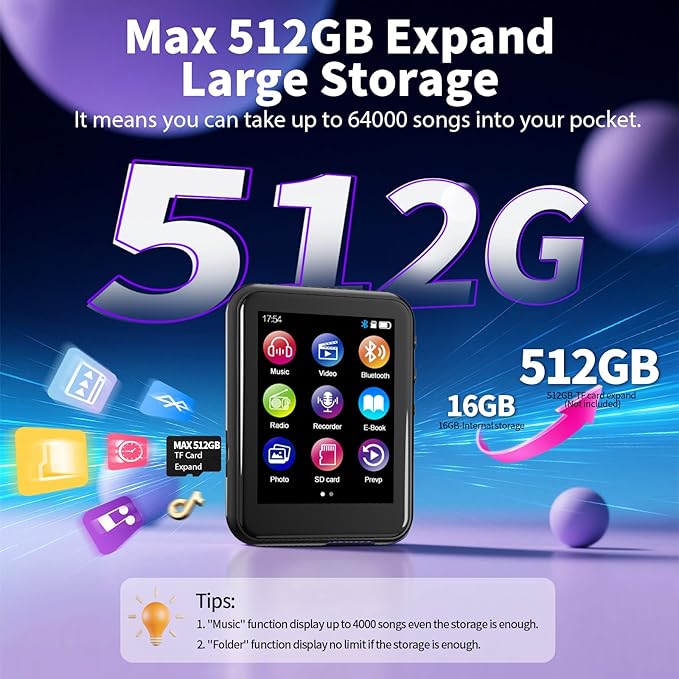 16GB MP3 Player with Bluetooth 5.3, QNGEE 2.4 inch Full Touchscreen Music MP3 for Kids, FM Radio, Voice Recorder, HiFi Sound, E-Book, Earphones Included