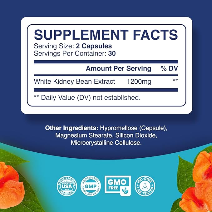 White Kidney Bean Extract Carb Blocker - White Kidney Beans Supplement for Metabolism Boost & Ease Calories from Starchy Food - Carb Control Supplements - 60 Capsules