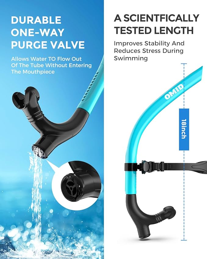 OMID SN1 Snorkel for Adult Youth, Diving Snorkel with One-Way Purge Valve, Food-Grade Silicone Mouthpiece
