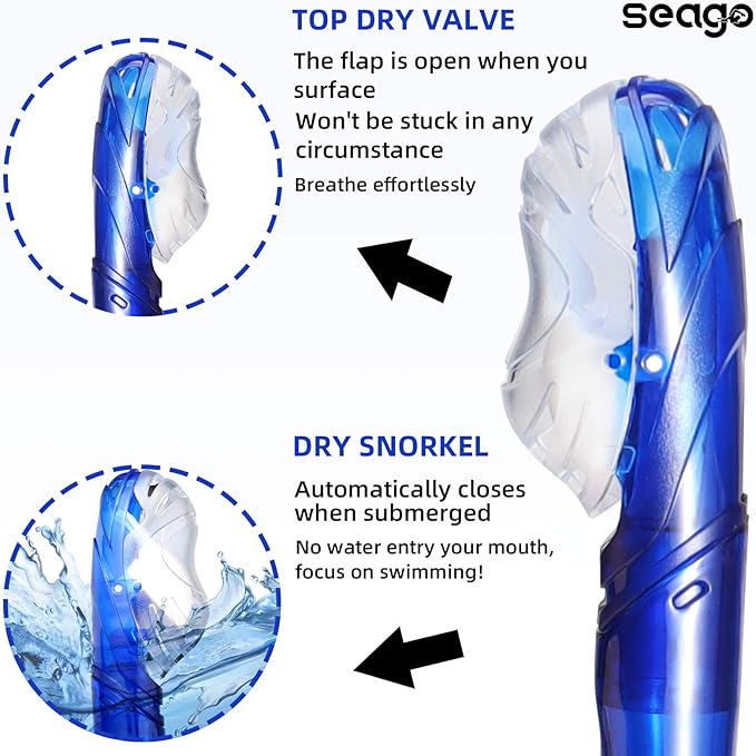 Seago Swim Snorkel for Lap Swimming, Dry Top Front Swimmer Snorkel for Adult Youth, Snorkel Gear Swimming Training Equipment in Pool and Open Water with Comfy Head Pads Food-Grade Silicone Mouthpiece
