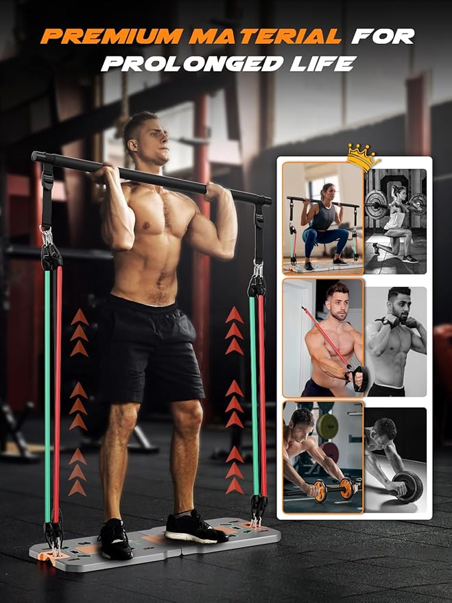 Professional Strength Training Equipment Strengthened by Durable Metal Frame, Push Up Board, Portable & Foldable Push Up Bar Set for Home Gym Fitness, Pushup Handles, Resistance Bands, Ab Roller, etc.