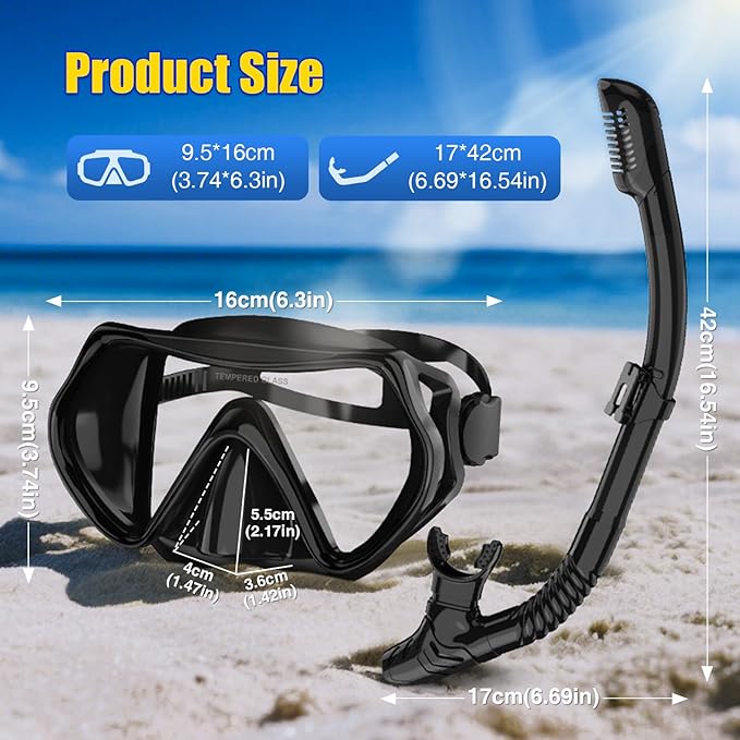 Snorkeling Gear, Dry Snorkel Set180° Panoramic Wide View,Anti-Fog Scuba Diving Mask, Professional Snorkeling Gear for Free Breathing, Swimming, Diving