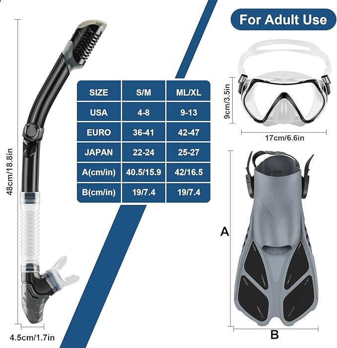 ZEEPORTE Mask Fin Snorkel Set, Travel Size Snorkeling Gear for Adults with Panoramic View Anti-Fog Mask, Trek Fins, Dry Top Snorkel and Gear Bag for Swimming Training, Snorkeling Kit Diving Packages