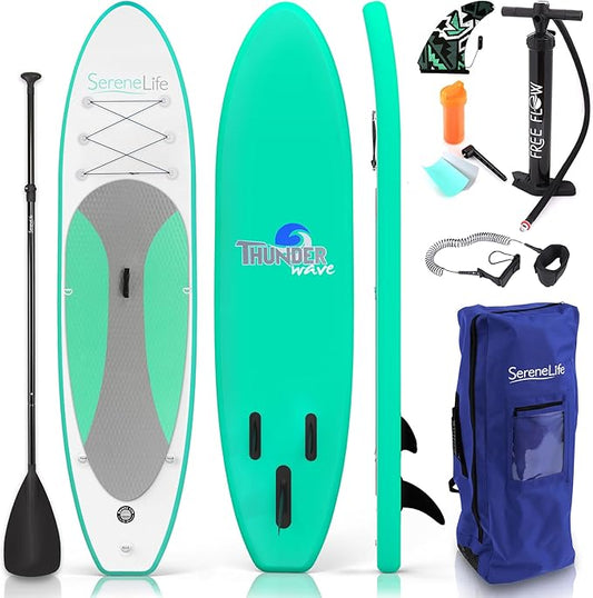 SereneLife Inflatable Stand Up Paddle Board with Premium SUP Accessories – Wide Stable Design with Non-Slip EVA Deck Pad for Adults and Youth of All Skill Levels