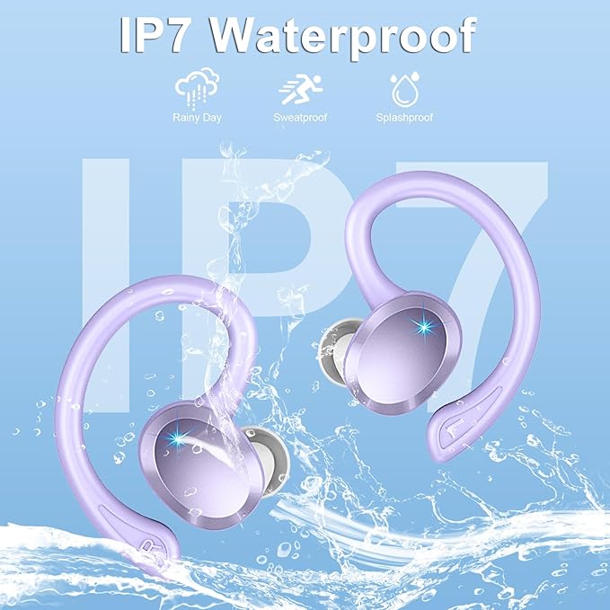 Wireless Earbud, Bluetooth 5.4 Headphones IP7 Waterproof for Sport, 48H Running Wireless Earphones with ENC Noise Cancelling Mic, Deep Bass Over Ear bud with Earhooks for Android, iOS, Workout, Purple