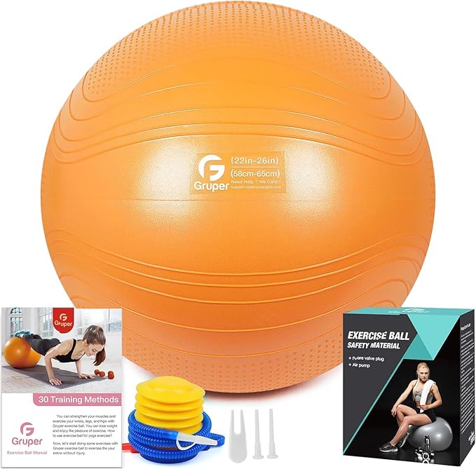Yoga Ball, 22-30 Inch Extra Thick Exercise Ball for Workout Fitness Balance, Anti Burst Chair for Home and Office Desk, Includes Hand Pump & Workout Guide Access