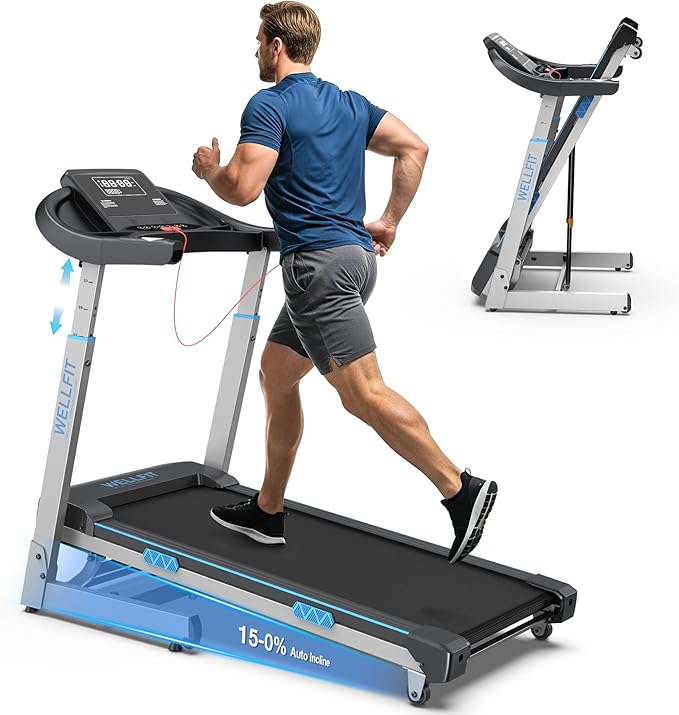 WELLFIT Auto Incline Folding Treadmill - 10% Incline Desk Walking Pad Treadmill with Handlebar, 400 lbs Heavy-Duty Capacity, Space-Saving Quiet Under-Desk Design for Home Office, Seniors & Fitness