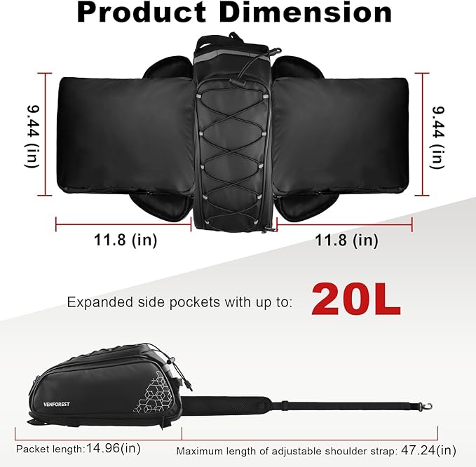 Bike Rear Rack Bag,20L PVC Waterproof Bike Trunk Bag for Road and Mountain Bikes,Multifunctional Bicycle Rear Seat Bag with Rain Cover Bike Saddle Bag for Cycling Trip (Black)