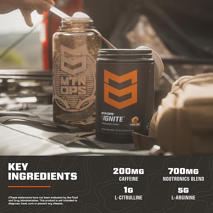 MTN OPS Ignite Energy Drink Powder, Gluten Free Nootropic Supplement Drink Mix, L Arginine, L Citrulline, Caffeine & Nootropic Sugar Free Drink Mix, 45 Servings, Rocky Mountain Rickey