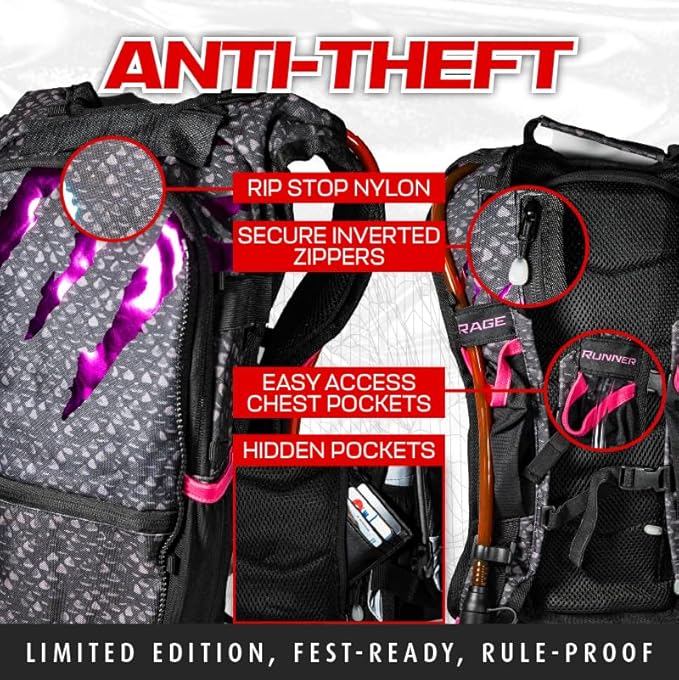 RAVERUNNER® Dino Festival Water Backpack - Dual Chamber Hydration - 3L Insulated Water Backpack for Raves, Festivals, Hiking, Running - Festival Hydration Pack for Hydration Backpack Rave