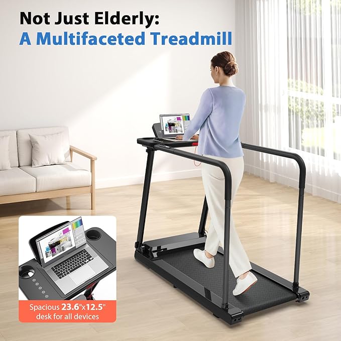 CIIHI Walking Treadmill for Senior - 350 lbs Senior Treadmill for Home with Long Handrails - Recovery Fitness Exercise Machine for Elder with Desk Workstation, Bluetooth Speaker