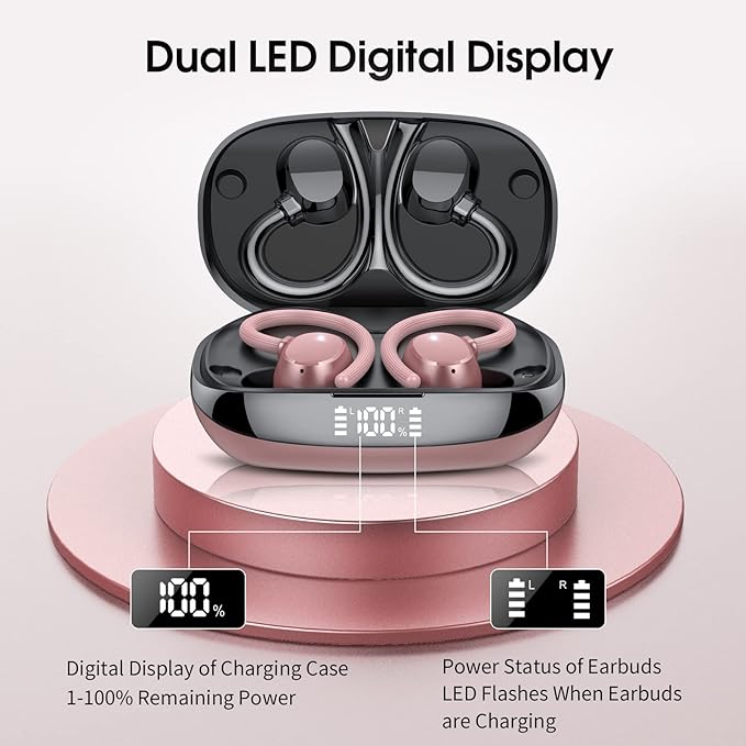 Wireless Earbuds, HiFi Stereo Sport Bluetooth 5.3 Headphones with Earhooks, 48H Deep Bass Headphones with LED Display, Noise Cancelling, IP7 Waterproof Earphones Built-in Mic for Running
