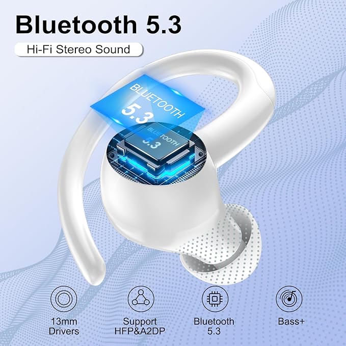 Wireless Earbuds Bluetooth 5.3 Headphones Sports, 48Hrs Playtime Bluetooth Earbuds with CVC 8.0 Mic, 2025 Stereo Bass Over Ear Bud with Earhooks, LED Display, IP7 Waterproof Earphon for Running White