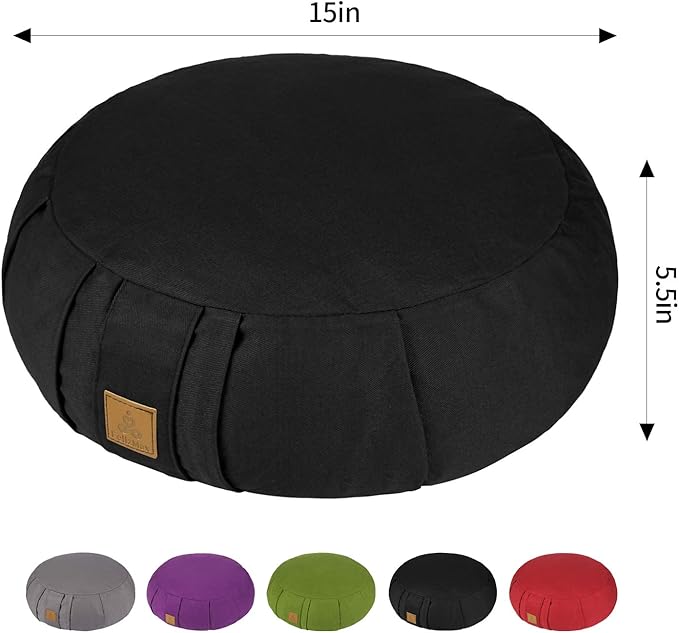 Round Zafu Meditation Cushion, D=15" H=5.5" Zabuton Meditation Pillow, Yoga Bolster/Pillow, Floor seat, Zippered Organic Cotton Cover, Natural Buckwheat, Kneeling Pillow
