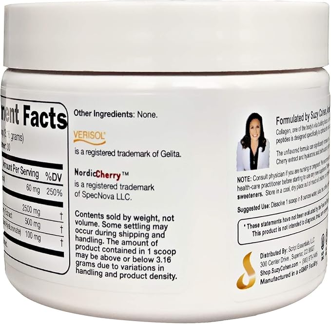 Collagen Beauty Powder™ By Suzy Cohen (3.3 oz) Anti Aging Hydrolyzed Protein Collagen Powder Type I and III for Supple Skin, Shiny Hair & Strong Nails- Unflavored Powder Drink with Verisol- Made in US
