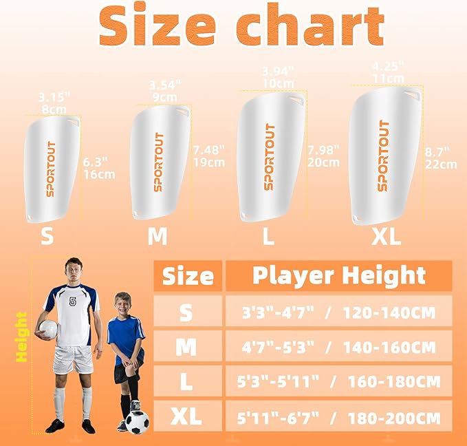 Sportout Soccer Shin Guards - Shin Guards Soccer Kids Youth Adult Protective Shin Pads with Sleeves and Insert Pocket for Boys Girls for Age 4-6, 6-8, 8-10,10-12,12-14,14-Adult