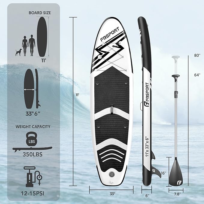 FBSPORT 11' Premium Stand Up Paddle Board, Yoga Board with Durable SUP Accessories & Carry Bag | Wide Stance, Surf Control, Non-Slip Deck, Leash, Paddle and Pump for Youth & Adult