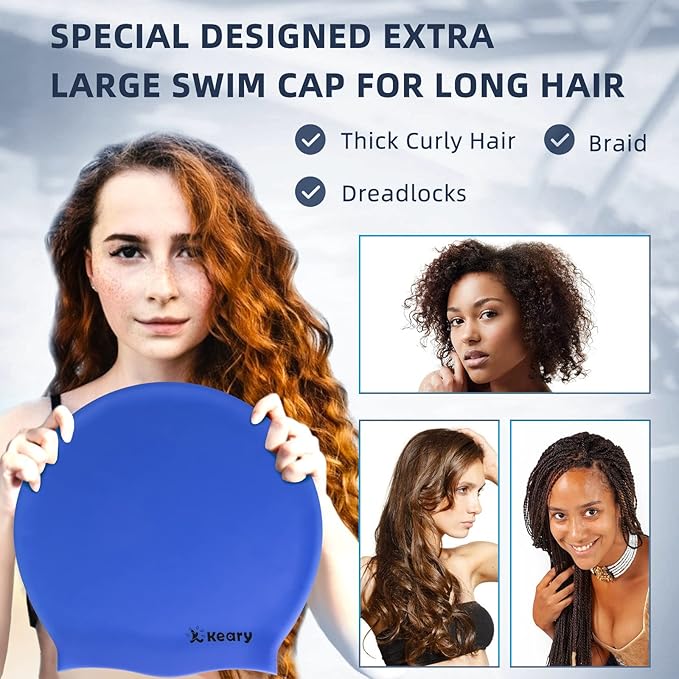 Keary Extra Large Swim Cap for Braids and Dreadlocks Extensions Weaves Long Hair, Waterproof Silicone Cover Ear Bath Pool Shower Swimming Cap for Adult Youth to Keep Hair Dry, Easy to Put On and Off