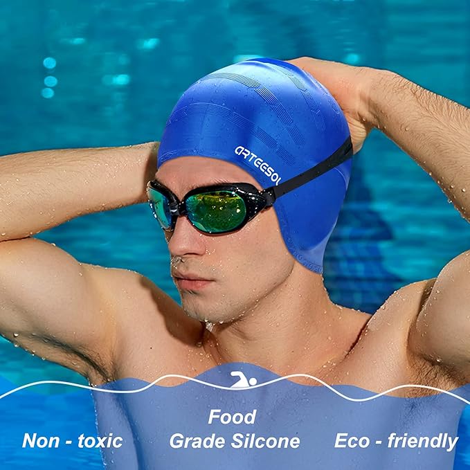 Swimming Cap, Silicone Swim Cap for Women Men, Durable Non-Slip Waterproof Swim Cap Protect Ears, Long Hair for Adults, Older Kids