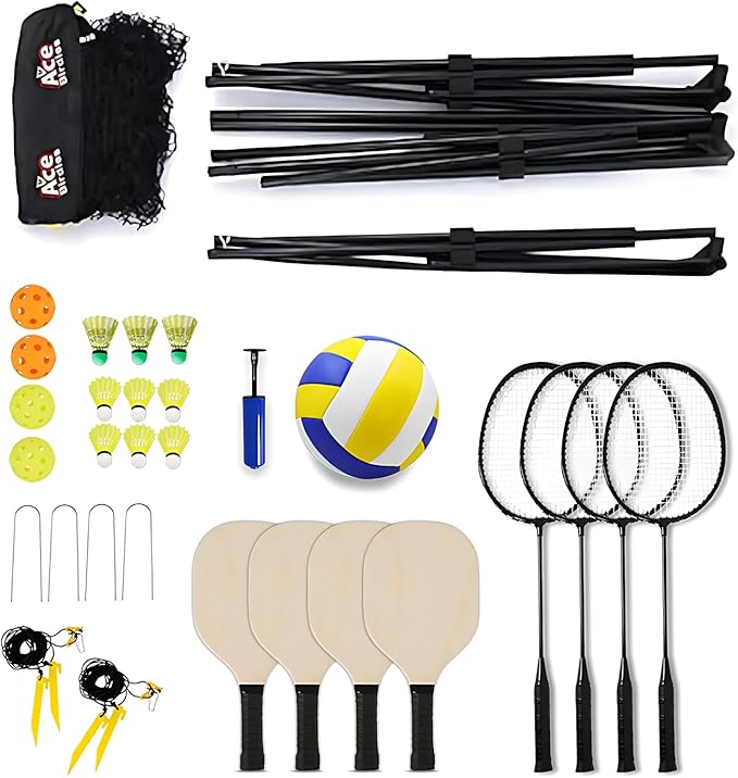 Complete Badminton Sets (10FT/17FT) Adjustable Width, Adjustable Height (2.8/5.1/7.4FT), Badminton Pickleball Volleyball Set with Net, 4Racket+4Paddels+Volleyball for Outdoor Family Game.