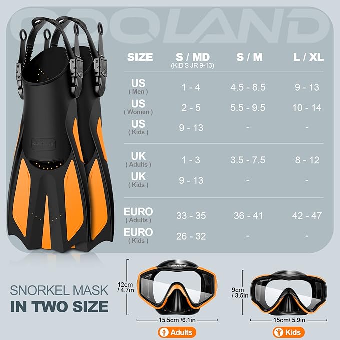 Odoland Kids Snorkeling Packages Snorkel Set, Dry Top Snorkel Mask with Adjustable Swim Fins for Boys and Girls Age 7-14