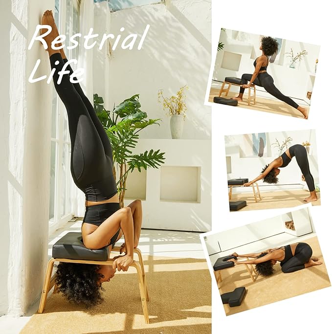 Yoga Headstand Bench- Stand Yoga Chair for Family, Gym - Wood and PU Pads - Relieve Fatigue and Build Up Body (Multi-Color)