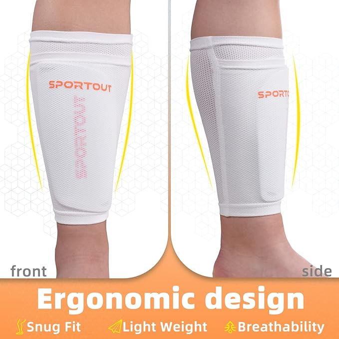 Sportout Soccer Shin Guards - Shin Guards Soccer Kids Youth Adult Protective Shin Pads with Sleeves and Insert Pocket for Boys Girls for Age 4-6, 6-8, 8-10,10-12,12-14,14-Adult