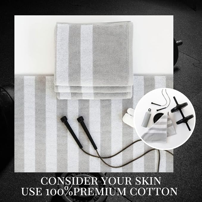 Luzia Striped Workout Towel for Sweat (Pack of 4) - Premium Quality 100% Turkish Cotton - Lightweight and Super Absorbent for Exercise, Sports, Workout, Fitness, Gym, Yoga, Running (Gray)
