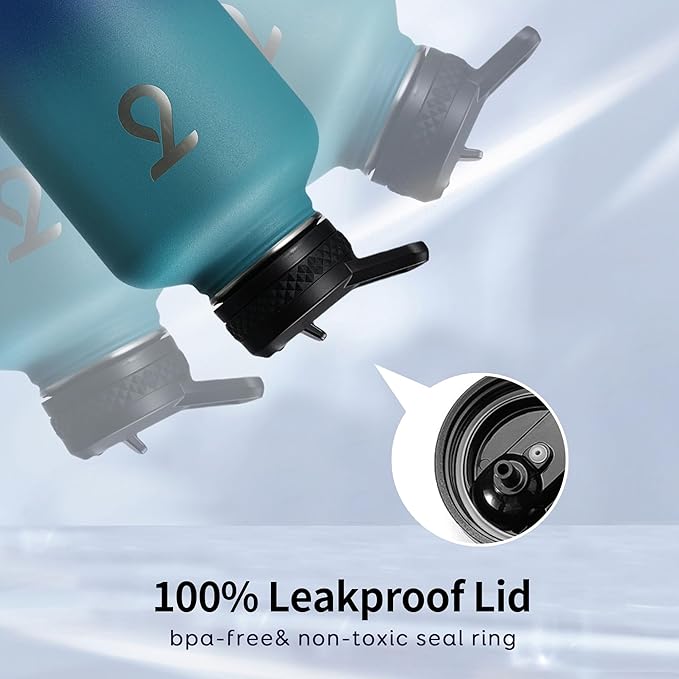 Trebo Insulated Water Bottle 64 oz, Half Gallon Metal Vacuum Water Jug with Handle and 3 Lids, Leakproof BPA-Free Water Flask for Gym Sports Hiking Travel, Keep Cold 48 Hours, Cyan Blue