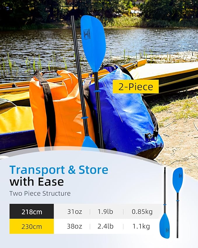 OCEANBROAD Kayak Paddle 86in/218cm, 90.5in/230cm Alloy Shaft 2-Piece Floatable Kayak Oar for Kayaking Canoeing Boating