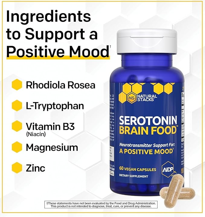 Serotonin Brain Food - 1250mg L-Tryptophan & 400mg Rhodiola Rosea Supplement - Mood Support Supplement for Stress Relief - Neurotransmitter Support with Magnesium Glycinate & Zinc - 120 Capsules
