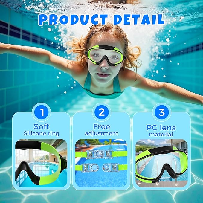 Swim Goggles for Kids 3-15 with Earplugs Large Frame Anti-Fog/UV Swimming Goggles for Boys Girls Toddler 2PCS