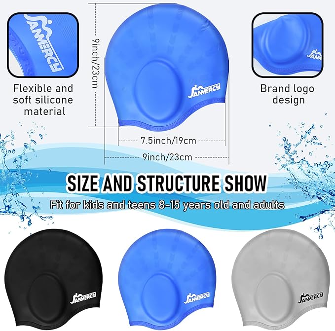 Janmercy 3 Pcs Swim Caps for Boys Girls Silicone Swimming Hat with 3D Ear Pockets for Age 6-15 Bath Hats Short/Long Hair with Ear Plug Nose Clip Supplies