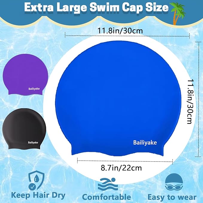 3 Pack Extra Large Swim Cap for Braids & Dreadlocks - Waterproof Silicone Swim Hat for Women with Long Thick Hair, Protective Swim Cap Cover Ears for Swimming, Shower, Bathing