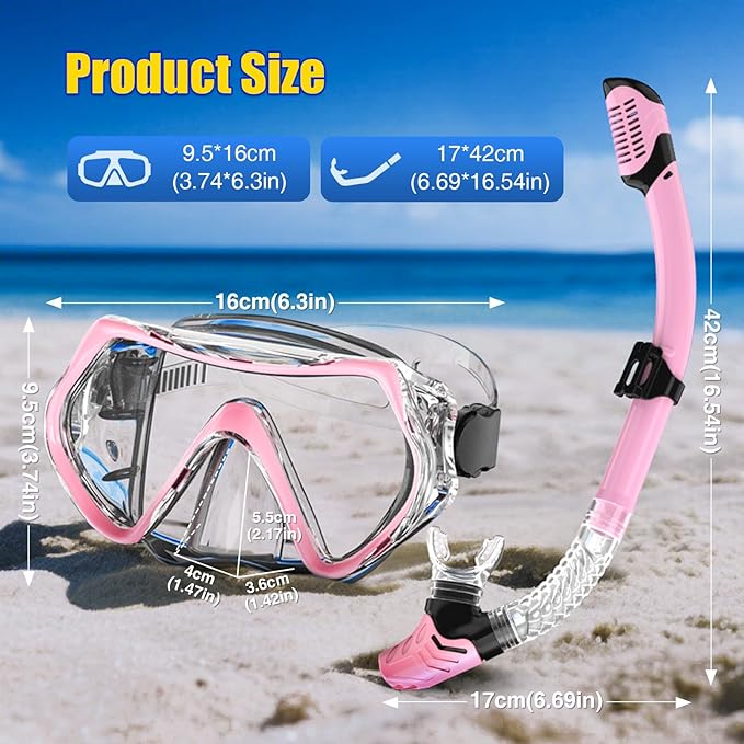 Snorkeling Gear, Dry Snorkel Set180° Panoramic Wide View,Anti-Fog Scuba Diving Mask, Professional Snorkeling Gear for Free Breathing, Swimming, Diving