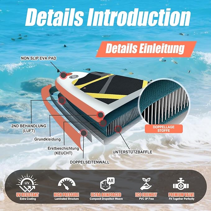 Inflatable Stand Up Paddle Board 10‘x30‘‘- Ultra-Light SUP with Backpack, Pump, Paddle, Coil Leash, 3 Fins, Repair Kit, Stable Design, Non-Slip EVA Deck for Adults & Youth