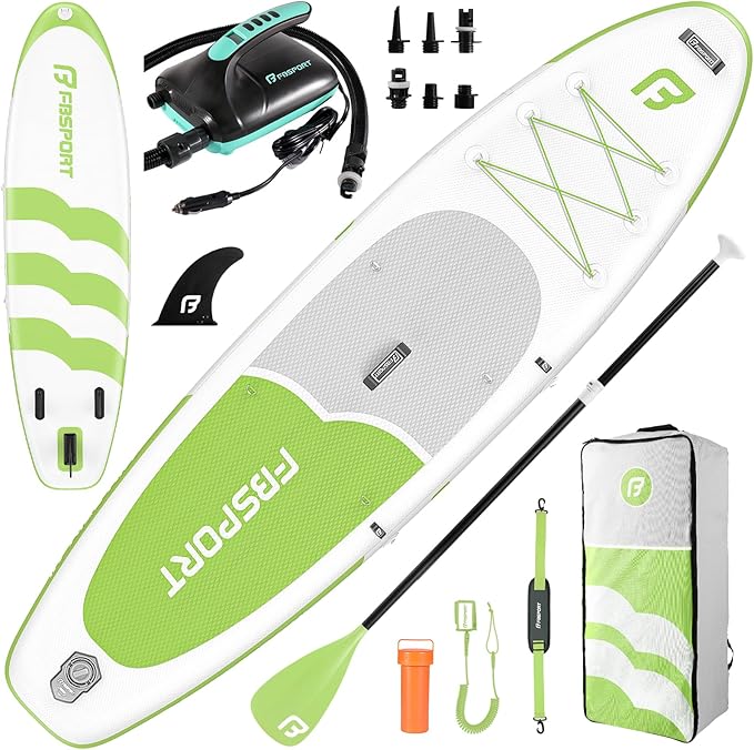 FBSPORT 11FT Premium Inflatable Stand Up Paddle Board with Electric Pump, Yoga Board with SUP Accessories & Carry Bag | Wide Stance, Surf Control, Non-Slip Deck, Leash and Paddle for Youth & Adult