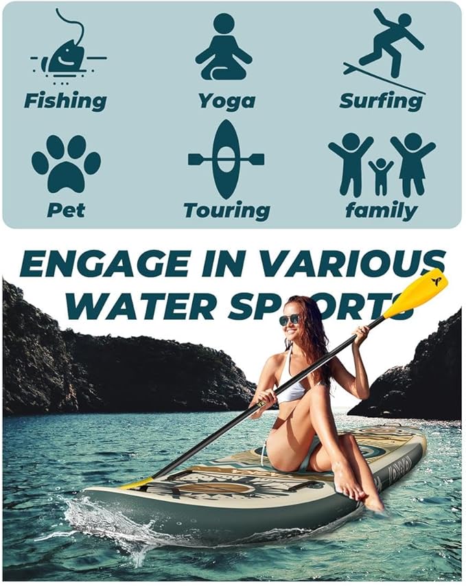 YASKA Inflatable Stand Up Paddle Board - 11ft Extra Wide Paddleboard with Premium SUP Board Accessories,Camera Mount,Non-Slip EVA Deck,5 Handles,Youth/Adult