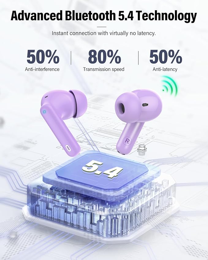 Wireless Earbuds, Bluetooth 5.4 Headphones Bass Stereo, Ear Buds with Noise Cancelling Mic, IP7 Waterproof in Ear Earphones, 36H LED Display Bluetooth Earbuds for Laptop Pad Phones Sports, Purple